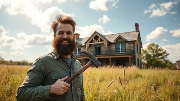 Cheerful man with sledgehammer in front of an abandoned mansion, renovating abandoned homes.