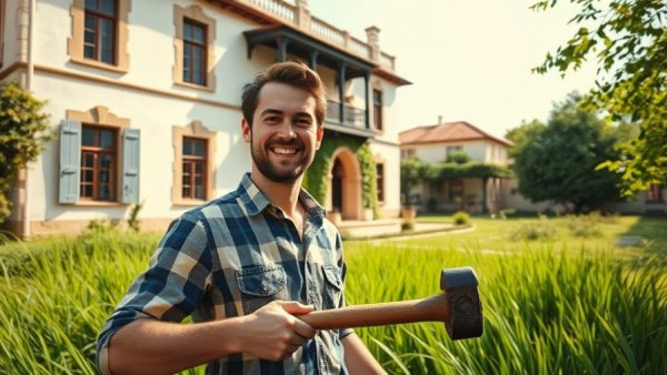 Confident man with sledgehammer near Georgian villa renovation