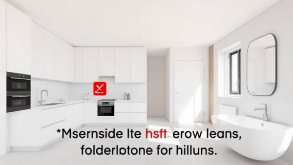 Modern kitchen and bathroom with warning symbols highlighting worst home upgrades.