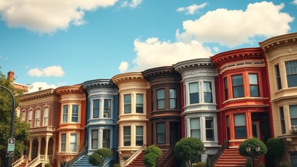 Colorful Victorian townhouses highlighting wealth and relocation.