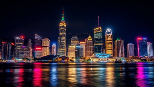 Vibrant city skyline at night with colorful reflections.