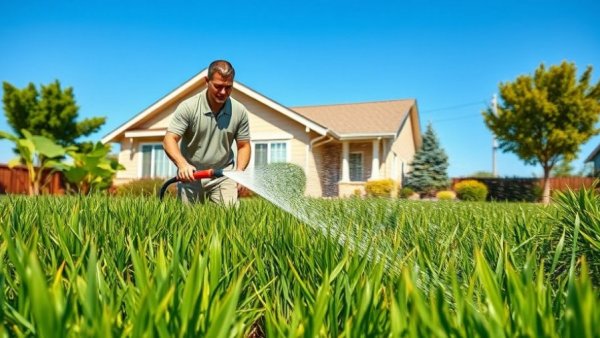 Man watering lawn with text about grass colors, landscaping ideas.