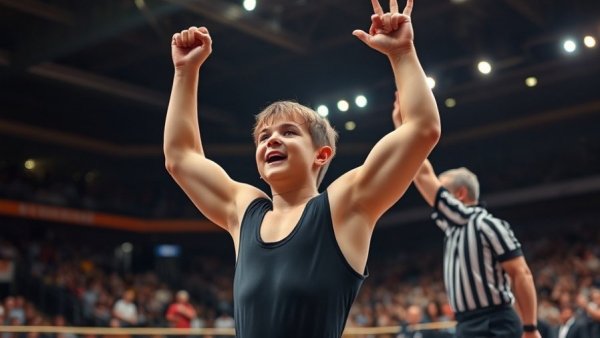 Wrestler's victory at 2026 16U & Juniors Folkstyle Nationals, arm raised by referee
