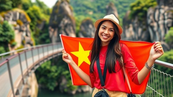 Vietnam kindness travel stories: Tourist with flag on bridge.