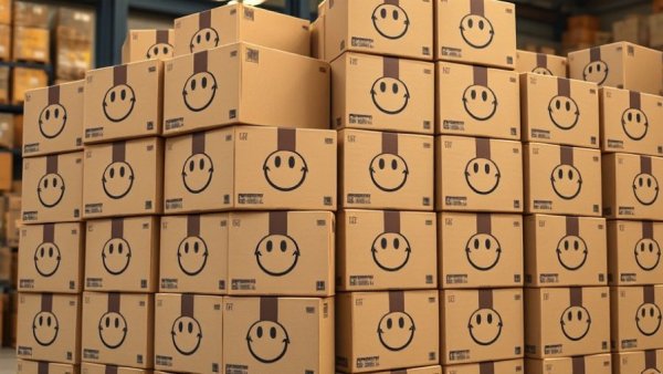 Cardboard boxes with smile logo representing refund without return policies.