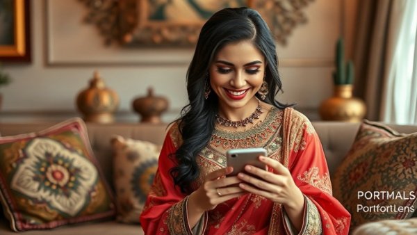 Woman using UAE PASS on MyGIG App in a cozy living room