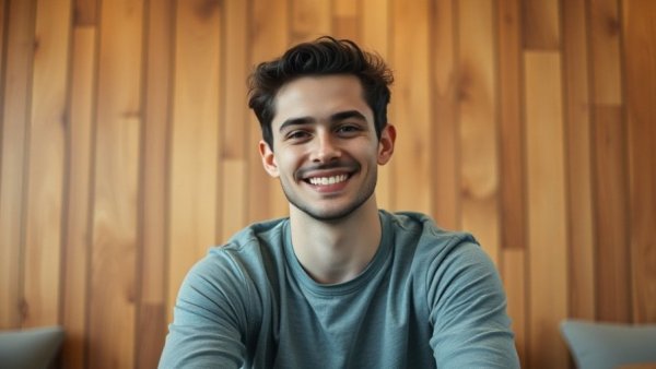 Casual young man smiling in front of wooden panel wall.