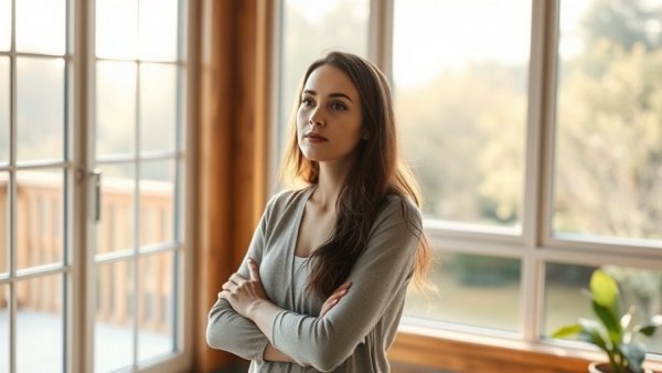 Mind Movie concept with woman looking out window, financial freedom theme.