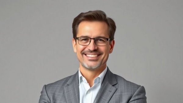 Confident businessman smiling against gray backdrop