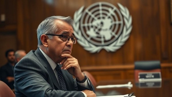 Thoughtful individual seated at UN table, reflecting on international issues.