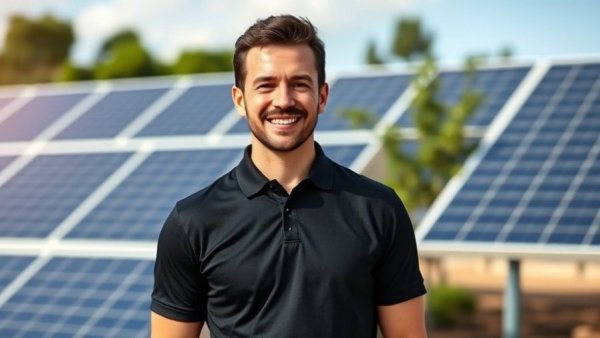 Smiling person outdoors near solar panels, regenerative farming text.
