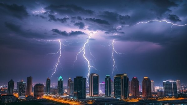 Dramatic Qatar skyline with vivid lightning illuminating modern architecture.
