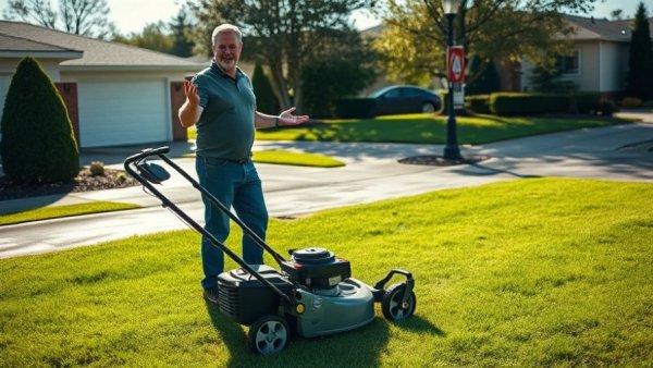Man showing how to mow a wet lawn with electric mower.