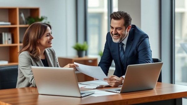 Friendly business consultation about buy rate markup, modern office setting.