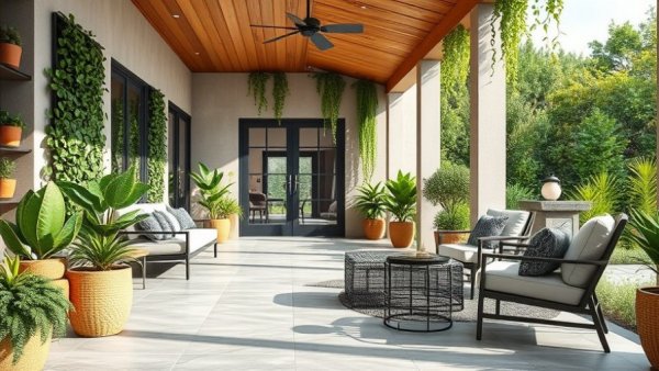 Modern porcelain patio design with greenery and seating.
