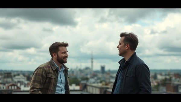 Two men discussing on a rooftop under cloudy skies.
