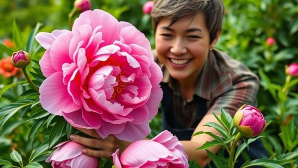 Person caring for pink Itoh peony in a green garden, ITOH Peony Care from Spring to Autumn