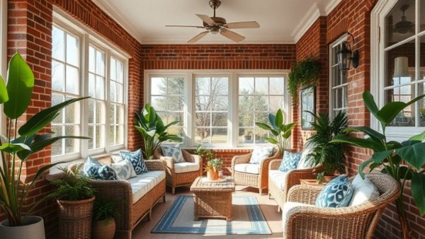 Spring home decor ideas 2026 in a cozy sunroom with wicker furniture.