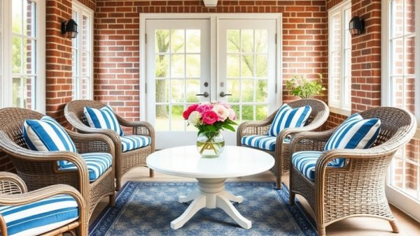 Cozy sunroom with wicker furniture and spring decor ideas.