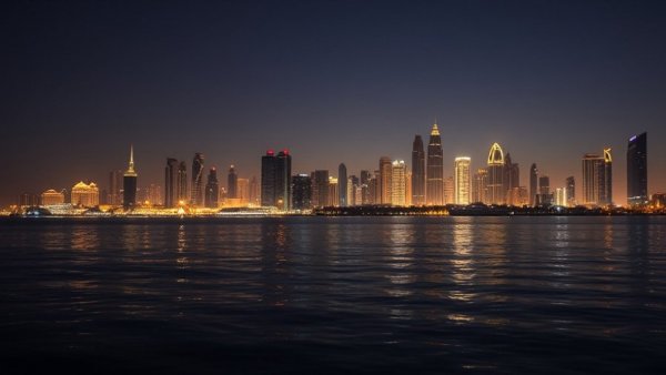 Doha skyline during Earth Hour in Qatar, buildings dimmed at night.