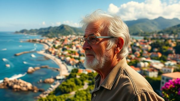 Thailand retirement town scenic view with thoughtful man on beach.