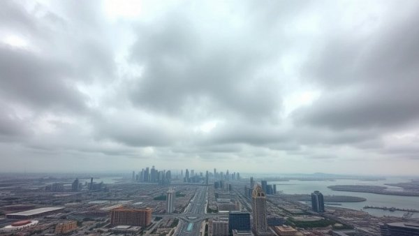 Thundery rains in Qatar with cloudy Doha skyline.