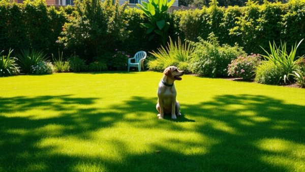 Vibrant lawn in North Carolina backyard, fertilized lawn view.