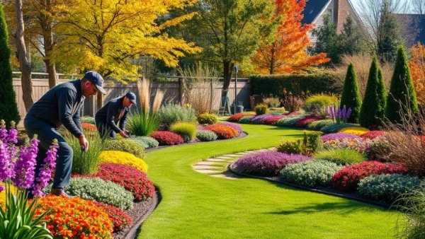 Professional landscapers transforming suburban garden with plants.