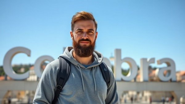 Peace in Portugal worth it: Man at Coimbra sign with cityscape.