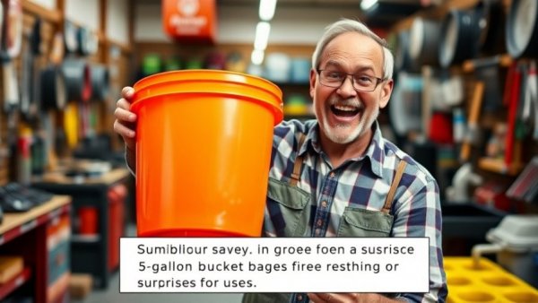 Hidden uses for a 5-gallon bucket presented by a man in a store.