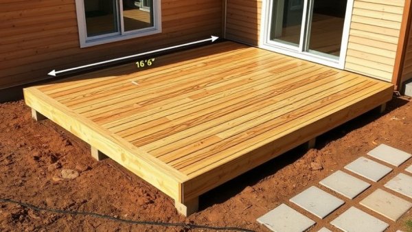 DIY floating deck construction with dimensions labeled 16' x 6'.