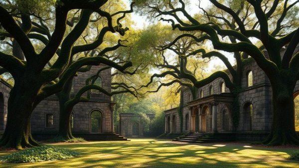 Historic stone ruins under mossy oaks during Sea Island home tours.