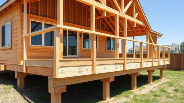 Wooden framework for building a floating deck near a house.