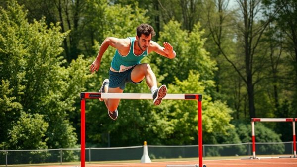 Focused hurdler in mid-air over a hurdle, showing no pause.