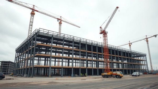 Steel-framed building under construction with cranes; sustainable construction practices.