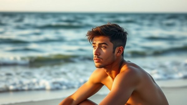 Contemplative young man practicing mindfulness on a tranquil beach.