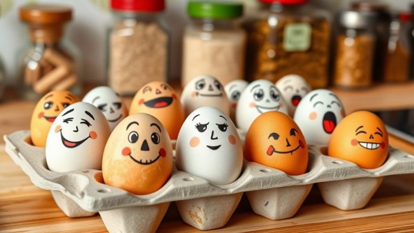 Eggs with cartoon faces conveying various emotions.