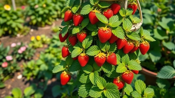 DIY strawberry planter ideas in a tiered garden setting.