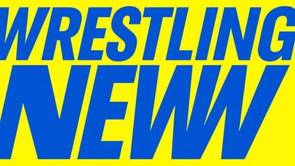 Logo for wrestling news with bold blue typography on yellow background.