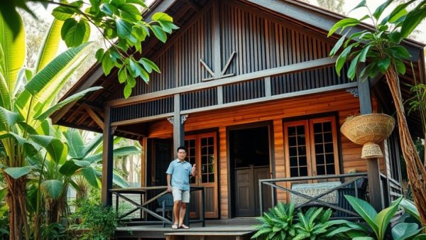 Traditional Lao house with man giving thumbs-up, Living in Laos.