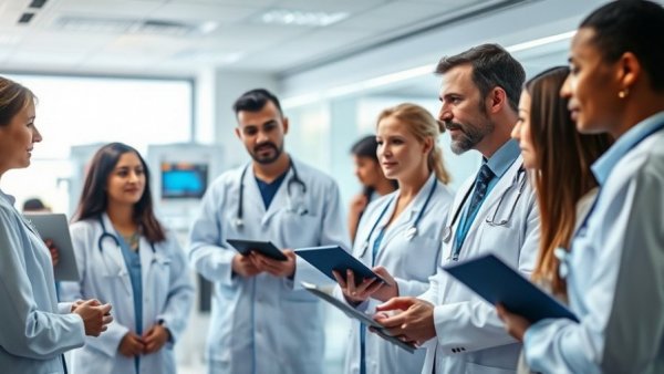 Medical professional and patients discussing hospital at home design ideas.