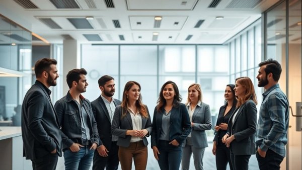 People in a modern workspace highlighting office design.