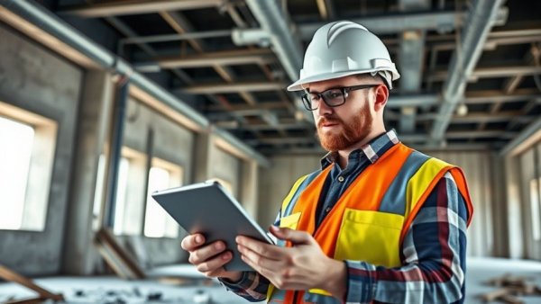 Autodesk Acquires Rhumbix: construction worker with logos on site.