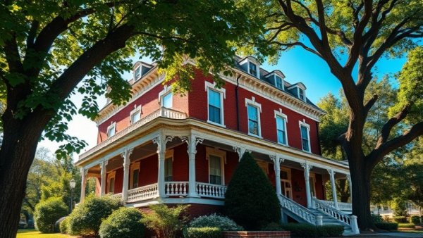 Victorian-style house with lush greenery and porches