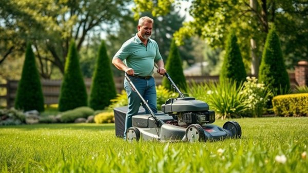 Focused man demonstrating lawn mowing tips for homeowners in a garden setting.