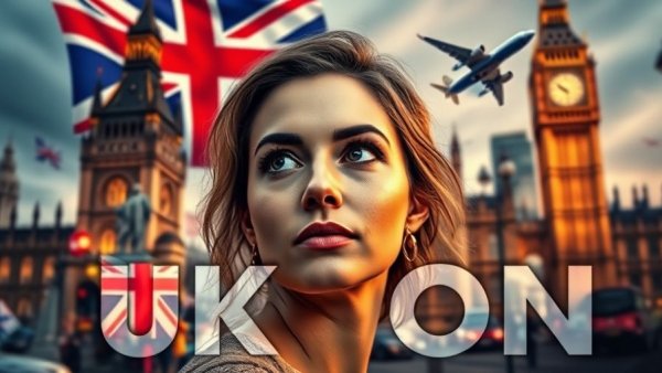 Contemplative woman with UK icons illustrating Brits moving to Spain.