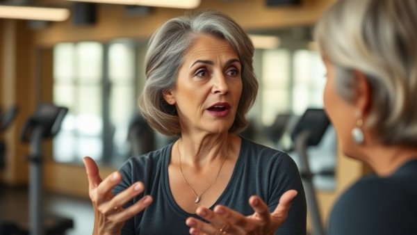 Title IX and women's sports empowerment: Woman sharing her story in a gym setting.