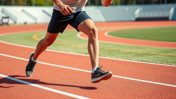 Young athlete demonstrates trail leg timing technique on track.