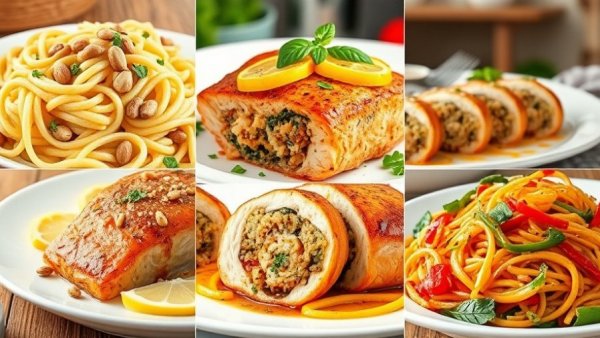 Colorful collage of high-protein spring recipes including pasta salad, salmon, and more.