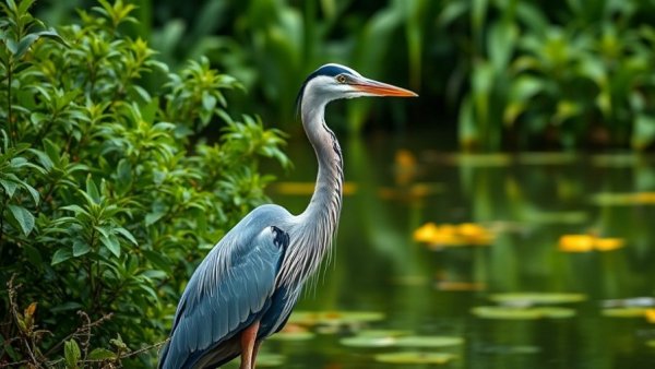 Blue heron by a pond demonstrating protecting pond fish from predators.